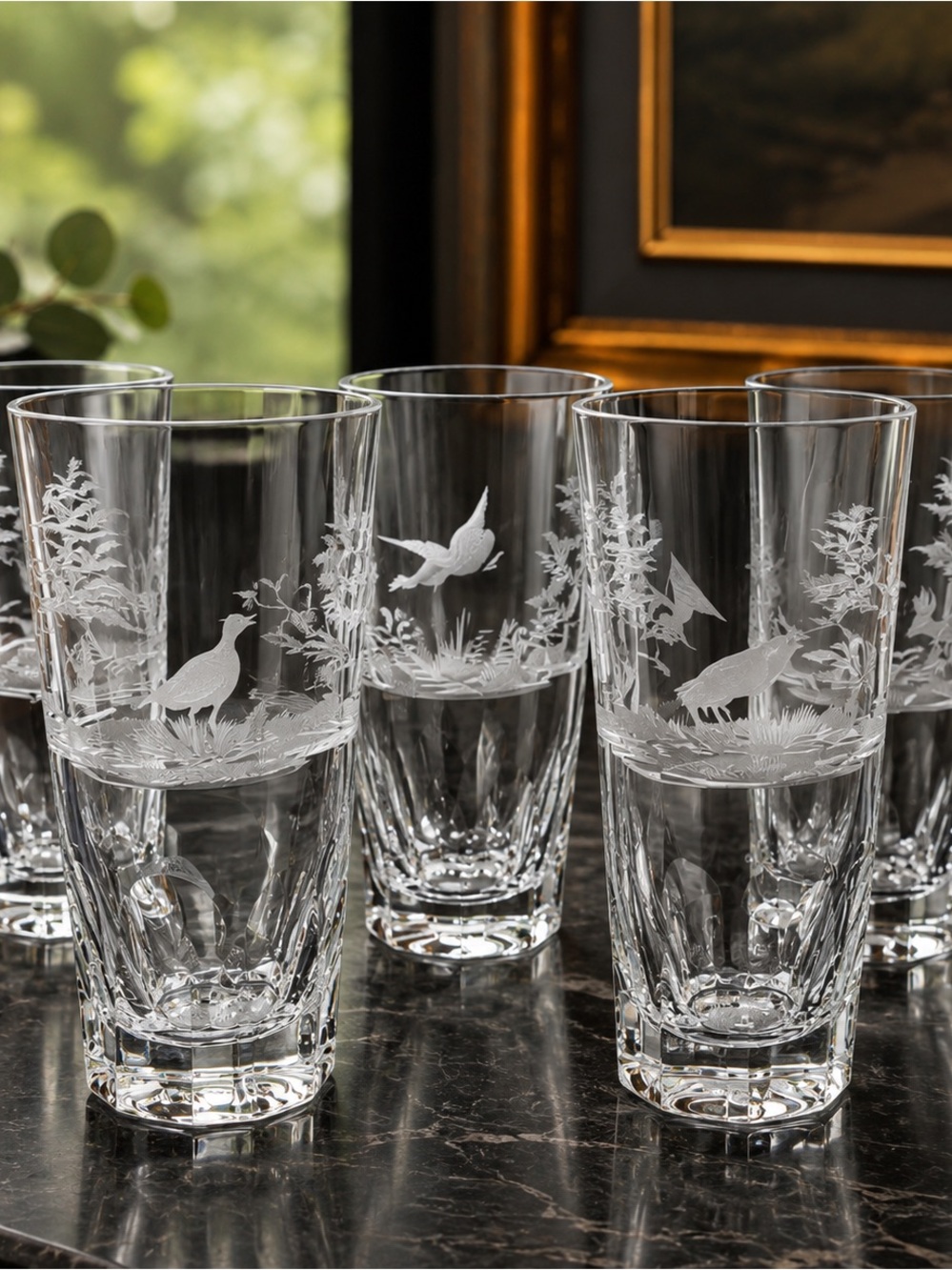 Josephinenhütte Sieglinde Crystal Wildlife Tumblers Set of 5 1950s Germany